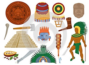 Aztec vector mexican ancient culture in Mexico and maya man character of mayan civilization illustration set of