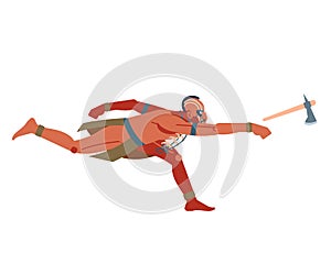 Aztec warrior man character or brave leaping toward and attacking with a tomahawk. Vector cartoon clip art illustration