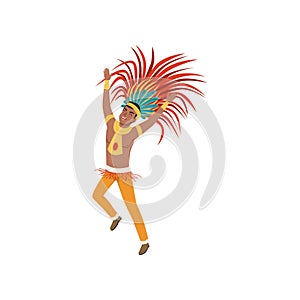 Aztec warrior man character in traditional clothes and headdress dancing vector Illustration on a white background