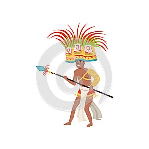 Aztec warrior man character in traditional clothes and headdress with spear vector Illustration on a white background