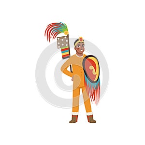 Aztec warrior man character in traditional clothes with spear and shield vector Illustration on a white background