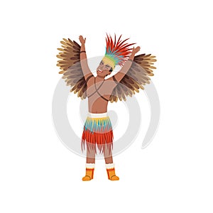 Aztec warrior man character in traditional clothes with wings vector Illustration on a white background