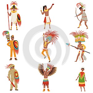 Aztec warriors set, men in traditional clothes and headgear with weapon vector Illustrations on a white background