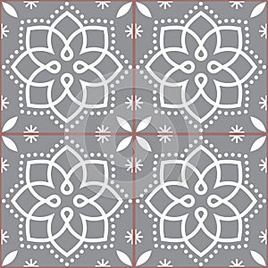 Azujelo Lisbon tile vector pattern - Lisbon tiles seamless design with flowers , tile decor in black and white - Portuguese retro