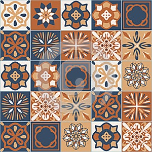 Azulejo brown beige contrast ceramic square tiles, spanish mediterranean style vector illustration for design