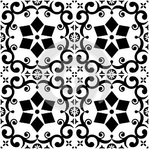 Portuguese Azulejo tile seamless vector pattern, retro design with flowers, swirls and geometric shapes