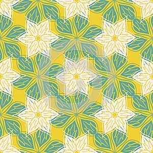 Azulejo style modern abstract flower heads vector seamless pattern. Summery white, green, yellow background of hand