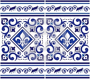 Azulejo tiles seamless vector pattern with frame or border- Lisbon decorative style, fleur de lis design inspired by art from Port