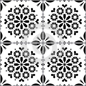 Azulejo vector tiles seamless pattern inspired by Portuguese art, Lisbon style black and white tile background