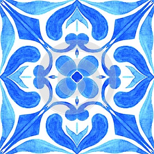Azulejos - Portuguese tile blue watercolor pattern. Traditional ornament. photo