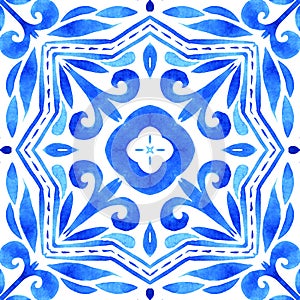 Azulejos - Portuguese tile blue watercolor pattern. Traditional ornament. photo