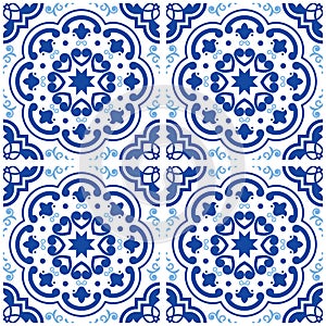 Azulejos Portuguese tile floor pattern, Lisbon seamless indigo blue tiles, vintage geometric ceramic design, Spanish backgr photo