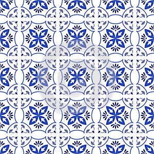 Azulejos portuguese traditional ornamental tile, blue and white seamless pattern