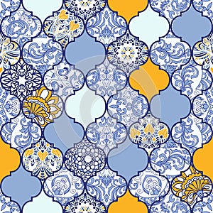 Azulejos tiles patchwork. Hand drawn seamless abstract pattern. Islam, Arabic, Indian, Ottoman motifs. Majolica pottery tile, blue