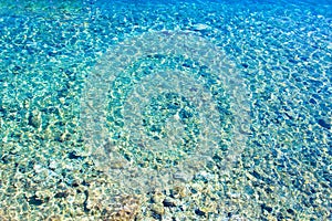 Azure clear sea water. Background of transparent blue sea water top view. Crystal clear water, through the water you can see the