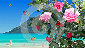 Azure coast with rose bushes and flying butterflies