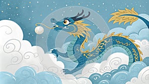 An azure dragon adorned with intricate golden patterns bursts from a thick layer of soft cottonlike clouds. Its eyes photo