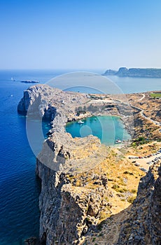 Azure heart shaped sea bay in Lindos