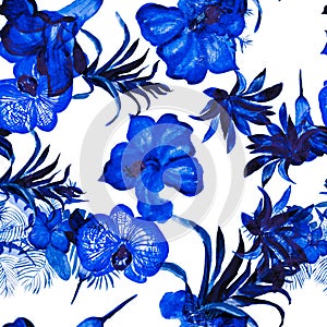 Azure Hibiscus Wallpaper. Indigo Flower Wallpaper. Navy Watercolor Backdrop. Blue Floral Design. Seamless Leaves. Pattern Illustra