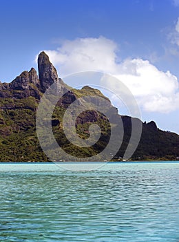 Azure lagoon of island BoraBora, Polynesia. Mountains, the sea, trees