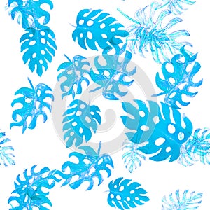 Azure Monstera Pattern Design. Seamless Decor. Indigo Watercolor Leaf. Tropical Jungle. Floral Plant. Summer Monstera.Vintage Desi