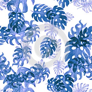 Azure Monstera Pattern Jungle. Seamless Monstera. Blue Watercolor Backdrop. Tropical Texture. Floral Plant. Summer Background.Vint