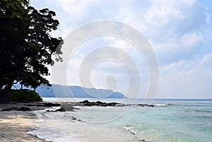 Azure Sea Water, White Sand, Cloudy Sky and Trees - Radhanagar Beach, Havelock Island, Andaman & Nicobar, India