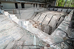 Azure Swimming Pool in Pripyat, Chernobyl exclusion Zone. Chernobyl Nuclear Power Plant Zone of Alienation in Ukraine