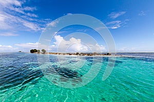 Azure turquoise blue lagoon, small uninhabited reef island motu full of dangerous rocks and mangroves trees. Pohnpei, Micronesia.