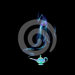 Azure, turquoise magic lamp and silhouette of an Arabic genie on background black. Tale. Cartoon vector illustration light blue co