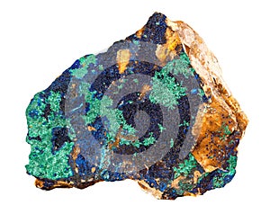 Azurite deep blue with green copper mineral rock isolated on white background
