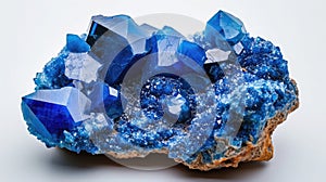 Azurite mesmerizing with its deep, celestial blue richness, contrasted on a white background