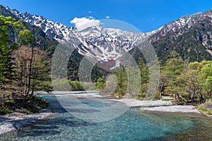 Azusa river and hotaka mountain at Kamikochi in Northern Japan Alps