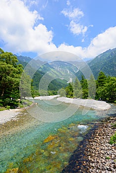 Azusa river and Hotaka mountains in Kamikochi, Nagano, Japan