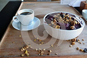 AÃ§aÃ­ bowl with cereals. Tipical food in Brazil