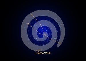 Taurus zodiac constellations sign on beautiful starry sky with galaxy and space behind. Gold Taurus horoscope symbol constellation