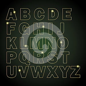A B C D E F G H I J K L M N O P Q R S T U V W X Y Z - English alphabet, capital letters. pattern of gold  letters. Vector stock il photo
