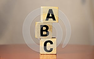 a, b, c - first letters of alphabet in vintage wooden letterpress type blocks, stained by color inks