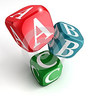 A,B and C on red, blue and green box