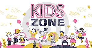 Kids zone background decor banner with happy playful kids in hand drawn style.