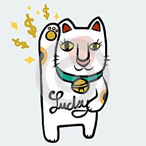 Japanese lucky cat Maneki Neko white color bring luck cute cartoon