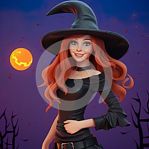 B eautiful witch woman redhead girl in spooky hat. photo