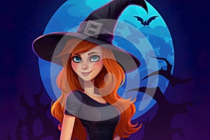 B eautiful witch woman redhead girl in spooky hat. photo