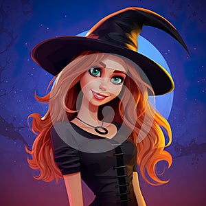 B eautiful witch woman redhead girl in spooky hat. photo