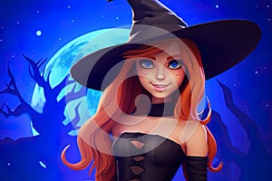 B eautiful witch woman redhead girl in spooky hat. photo