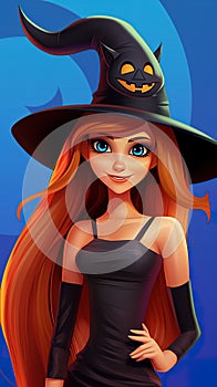 B eautiful witch woman redhead girl in spooky hat. photo