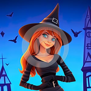 B eautiful witch woman redhead girl in spooky hat. photo