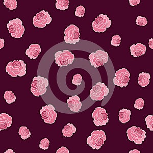 Seamless Vector Pink Roses with dark pink background pattern. Isolated design for wall paper, gift wrapping, textiles, fabric, on