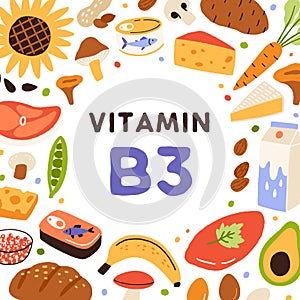 B3, health card with vitamin-rich natural food. Healthy nutrition enriched with niacin B 3. Circle frame of organic photo