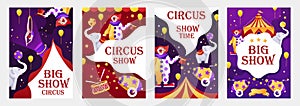 Set of vector cartoon templates for circus flyers, banners, posters, covers. Children`s illustration.